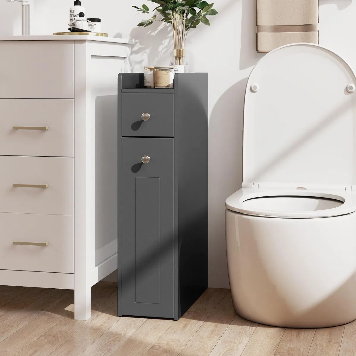 LIFEZEAL Nischenschrank, Badezimmerschrank klein mit Schublade, Nischenregal schmal mit Rollen, Nischenwagen für Waschküche, Wohnzimmer, Badezimmer, 40 x 18 x 70 cm (Grau)