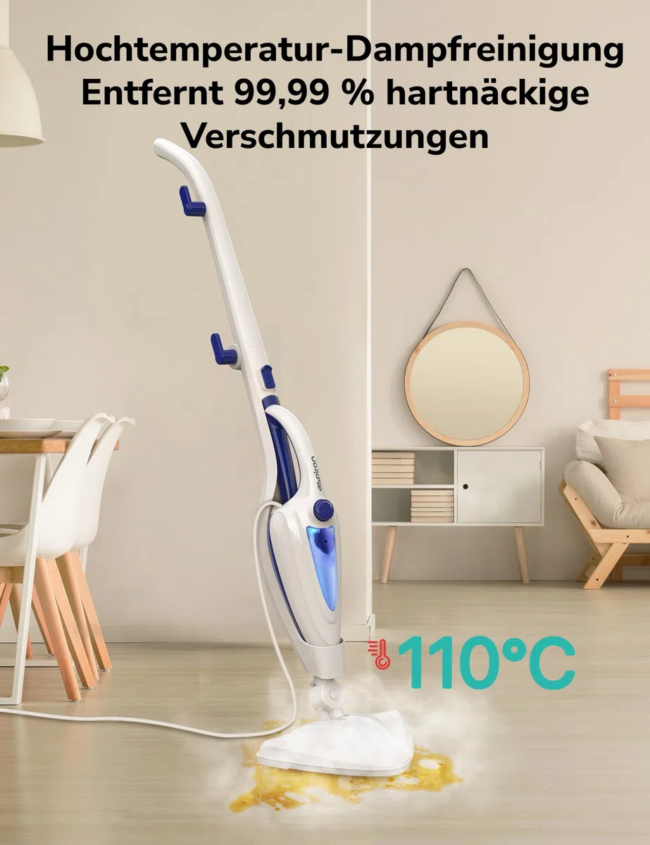 12-in-1 Dampfreiniger Bodenreiniger, 1500W Steam Mop mit Handgerät, 15 Sek. Schnellaufheizung, 30g/min Dampf, entfernt 99,99% Schmutz, für Fliesen, Laminat, Fenster, Sofa, Kleidung, Haushalt