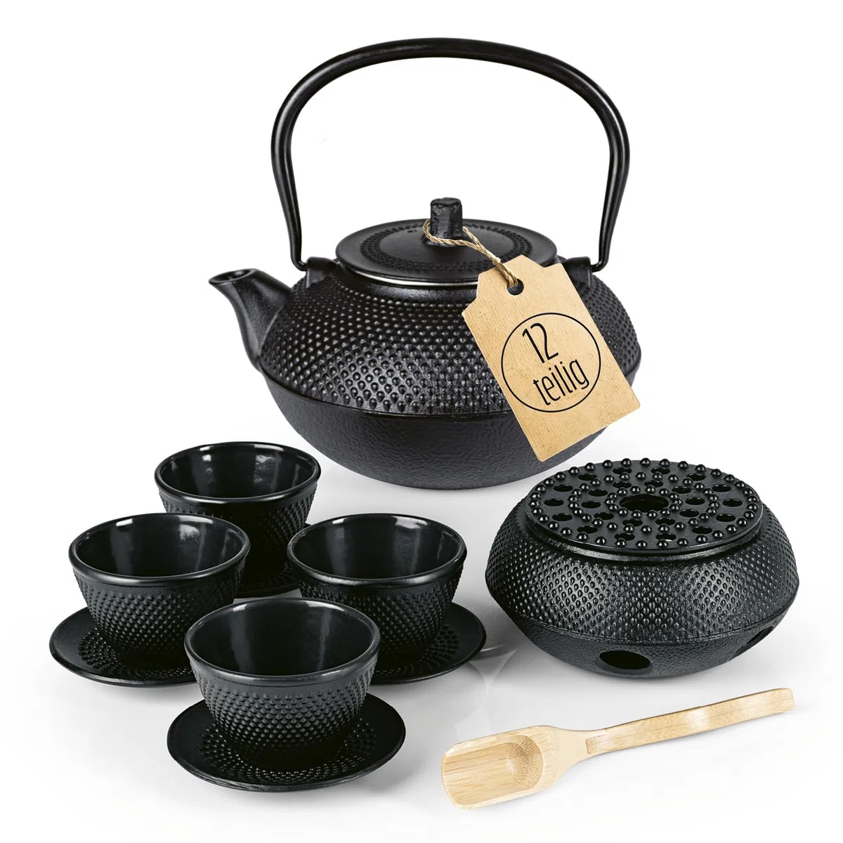 Lumaland Tee Set 12-teilig | 1,4 Liter Gusseiserne Teekanne Tetsubin | Stövchen aus Gusseisen | 4 Teebecher & 4 Untersetzer | Japanisches Teeset Inkl. Bambus Dosierlöffel & Edelstahl Sieb