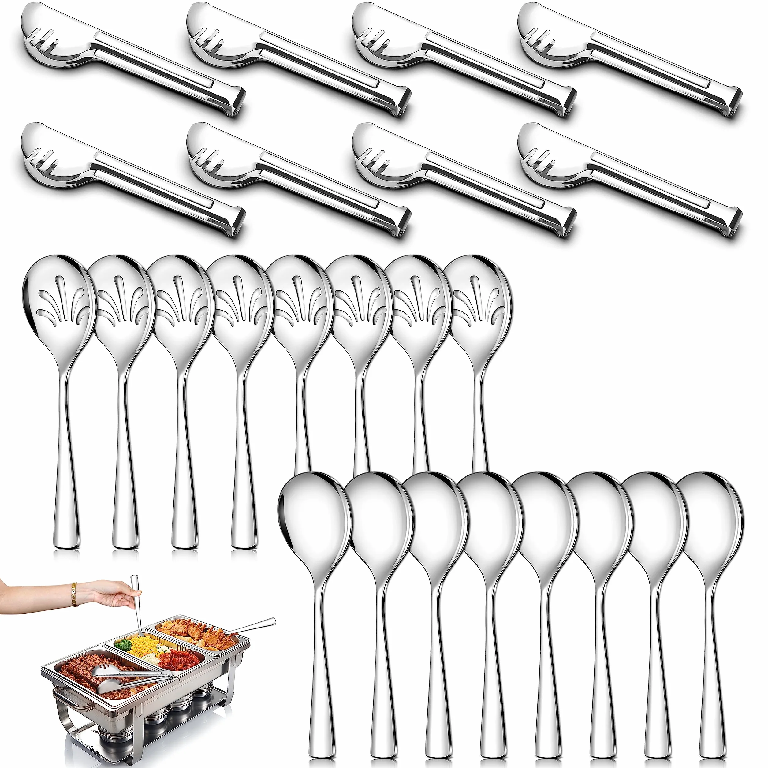 Teivio, großes Servierutensilien-Set aus Edelstahl, 25,4 cm Servierlöffel, 25,4 cm Schlitzlöffel x 8 und 22,9 cm Servierzange x 8 von Teivio, für Buffet, Chafing Dish, Catering Supplies (Silber)