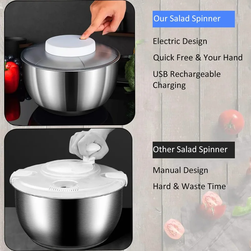 Elektrische Salatschleuder USB Wiederaufladbare Salatschleudern zum Waschen und Trocknen von Salat, Edelstahl 5L Salatschüssel fur Sieb, Gemüse und Obst