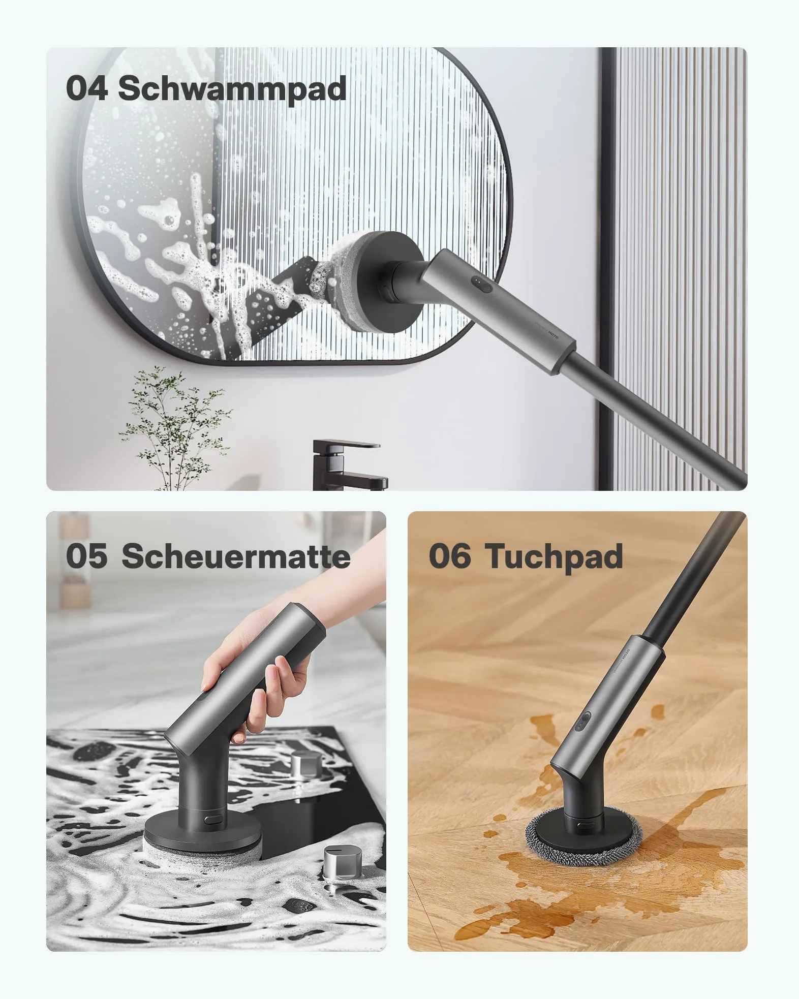 HOTO Elektrische Reinigungsbürste mit Verlängerungsstiel & 6 Wechselbürstenköpfe, IPX7 Reinigungsbürsten Elektrisch, Typ-C-Ladung Putzbürste Elektrisch für Bad, Böden, Fliesen, Glas, Küche und Auto