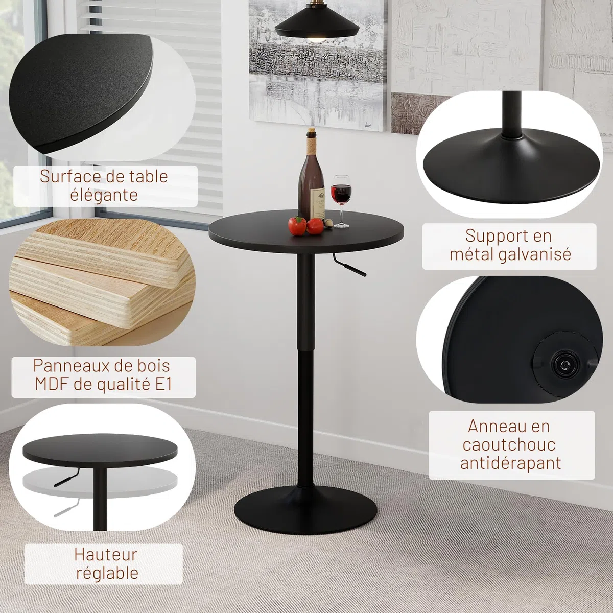 2er Set 2in1 Bartisch Runder Bistrotisch, Stehtisch 360° Drehbar Höhenverstellbar 70–91.5cm, Ø 60cm Partytisch aus Metall für Klub Wohnzimmer Küche Balkon Bar, Schwarz