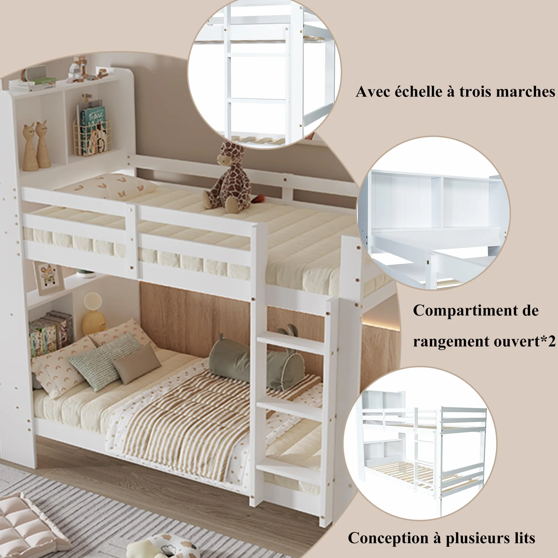 Etagenbett Kinderbett 90x200 cm, Hochbett mit Stauraum Regalen und Leiter, Modern Doppelbett für 2 Kinder mit Rausfallschutz, Weiß
