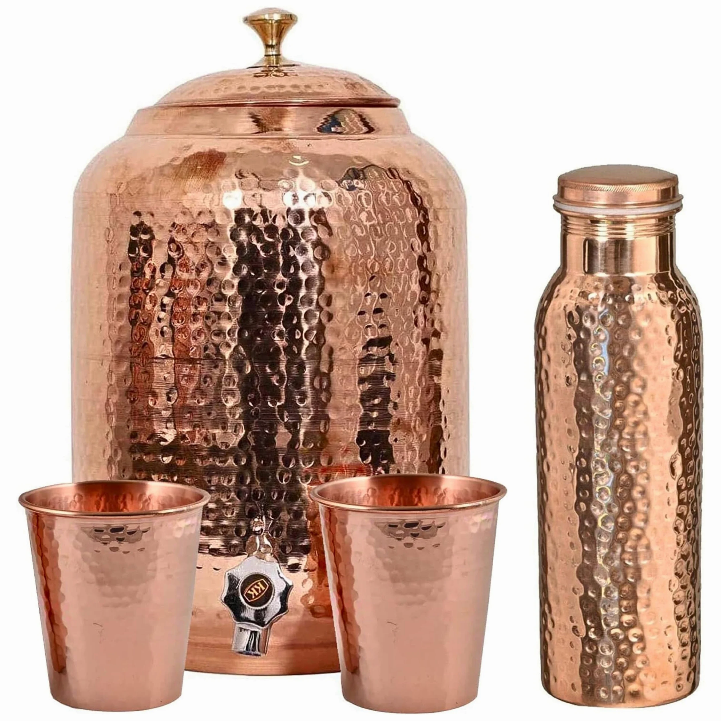 Wasserspender aus reinem Kupfer, 8 l Fassungsvermögen, gehämmerte Oberfläche, ayurvedische gesundheitliche Vorteile, inklusive 2 passenden Trinkgläsern und 1 Kupferflasche, handgefertigtes