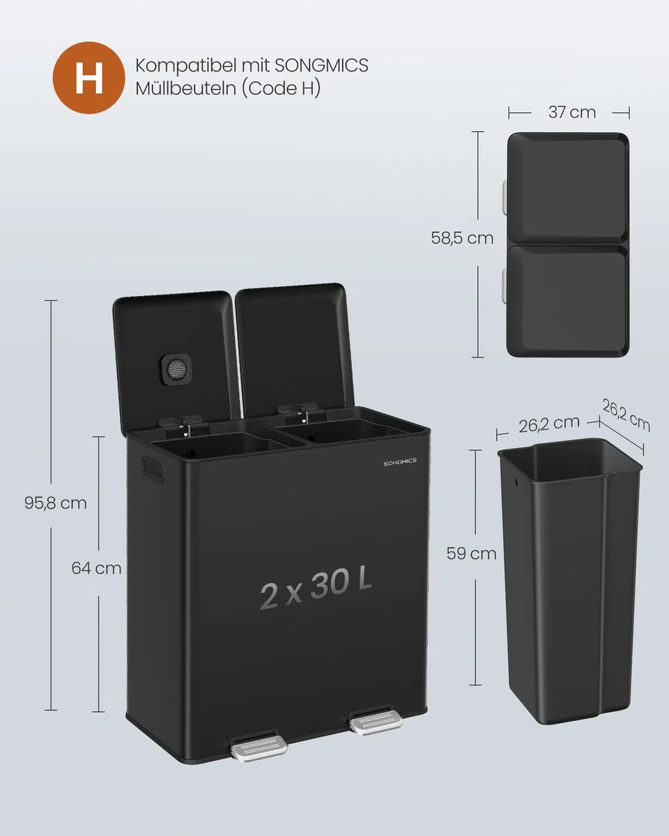 SONGMICS Mülleimer Küche, 2 x 30 L, 2 Fächer, Mülltrennsystem, Softclose, herausnehmbare Inneneimer, Pedalen, Stahl, tintenschwarz LTB743B02