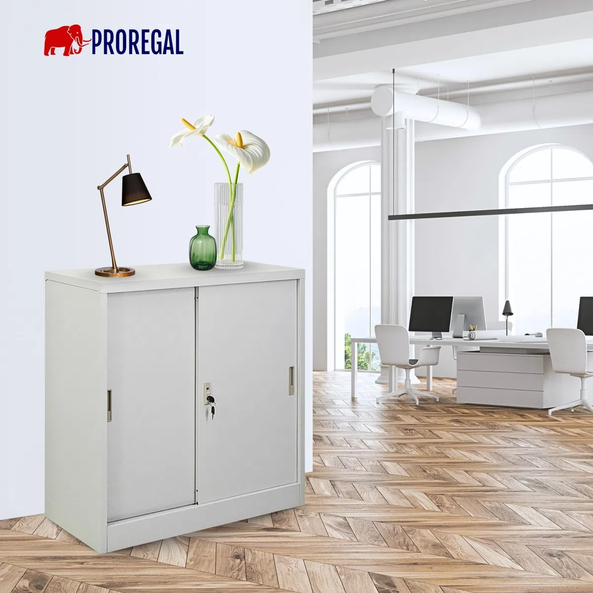 PROREGAL Aktenschrank Elephant mit abschließbaren Schiebetüren | HxBxT 90x90x40cm | 2 Fachböden | Lichtgrau | Metallschrank abschließbar Lagerschrank Ordnerschrank Büroschrank