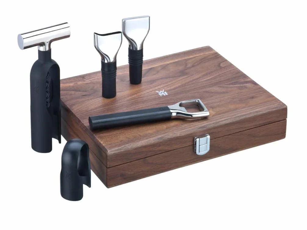 WMF Baric Wein Sommelier Set 5-teilig, Wein Zubehör, Korkenzieher, Folienschneider, Flaschenverschluss, Weinausgießer, Flaschenöffner, in Walnussholzbox, schwarz
