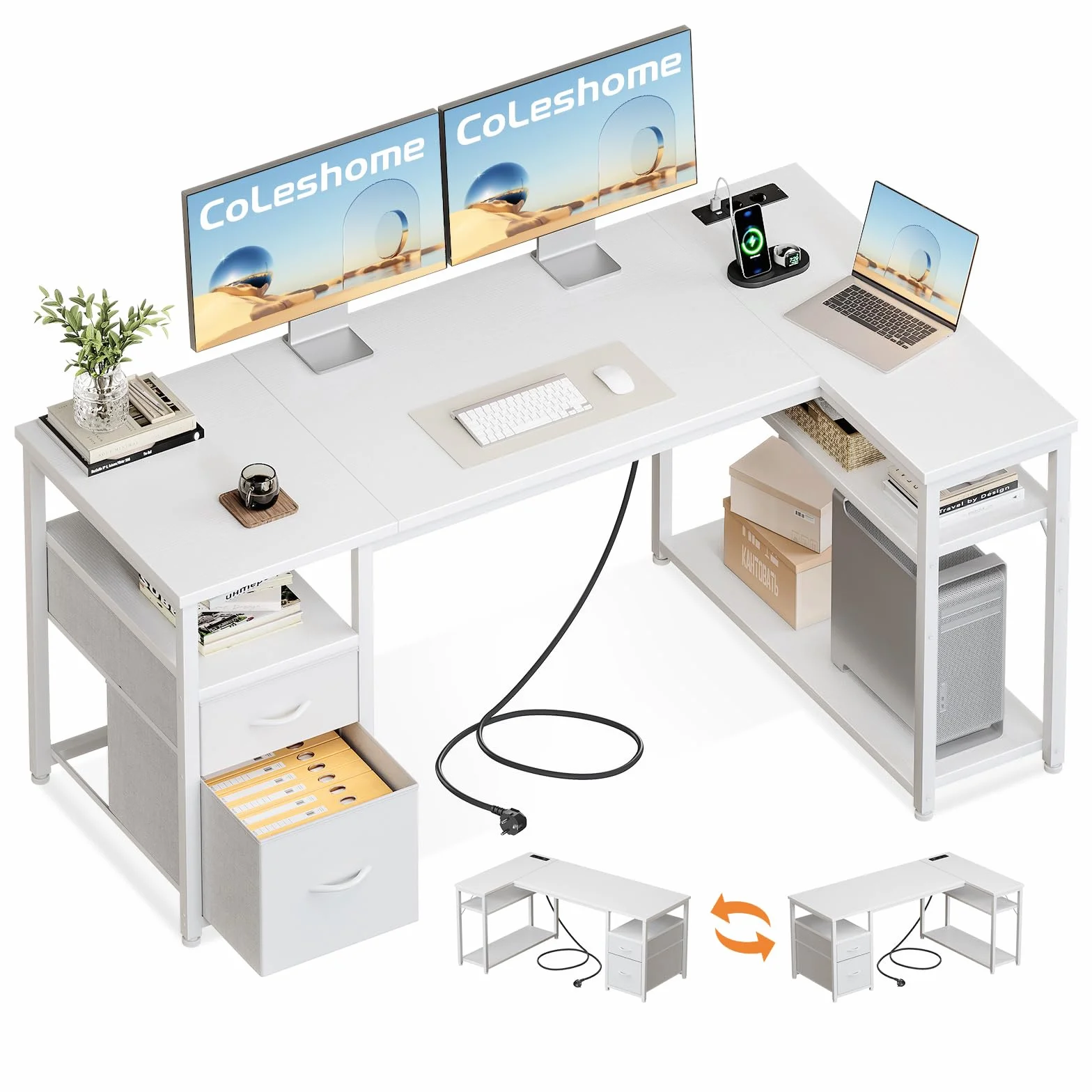 Coleshome Schreibtisch mit 2 Schubladen und Regal, 140×80 cm Eckschreibtisch mit Stauraum und Steckdose, Umkehrbarer Gaming Tisch für Homeoffice & Familienecke, Weiß