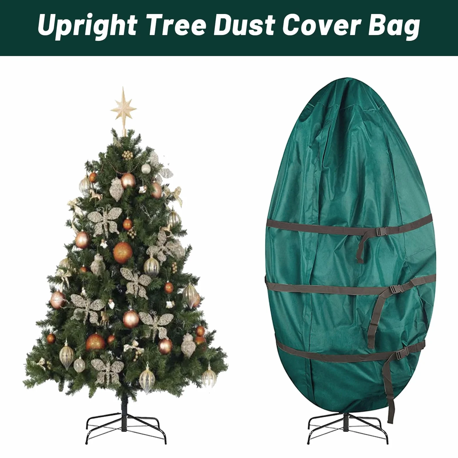 Aufrechter Weihnachtsbaum-Aufbewahrungsbeutel, Staubdicht, Wasserdicht, Robust, Künstlicher Weihnachtsbaum, mit Kordelzug und Spanngurten, Weihnachtsbaum-Abdeckung (grün) (45 * 94