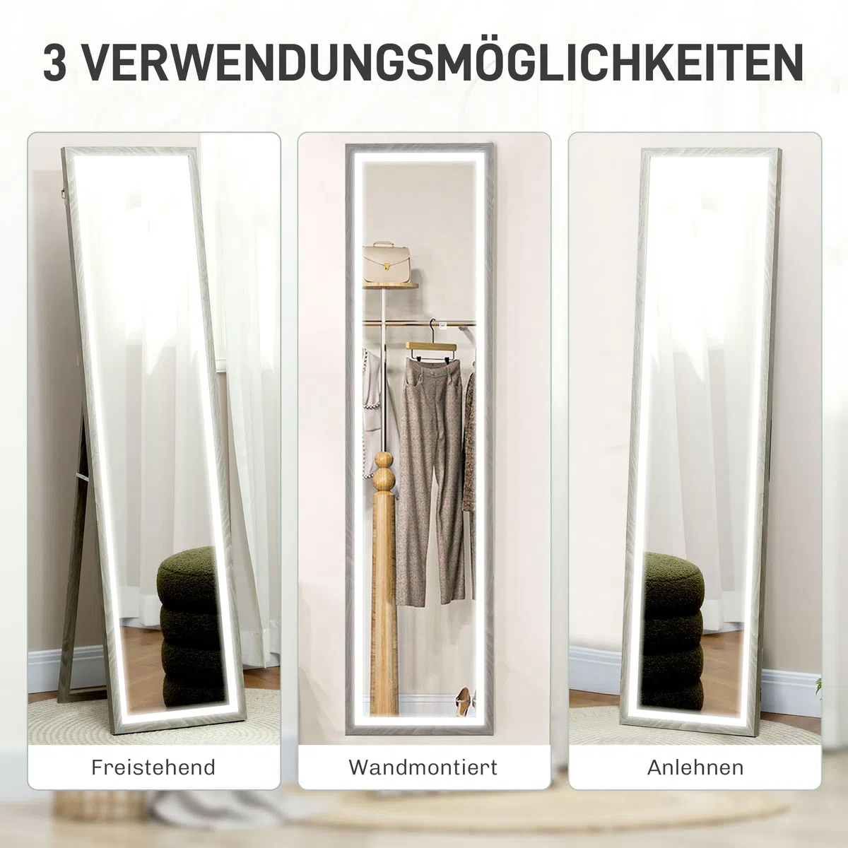 HOMCOM Ganzkörperspiegel 40 x 160 cm Standspiegel mit LED-Lichte, 3 Lichtfarben, Wandspiegel mit Touch-Steuerung, Bodenspiegel für Schlafzimmer, Wohnzimmer, Grau