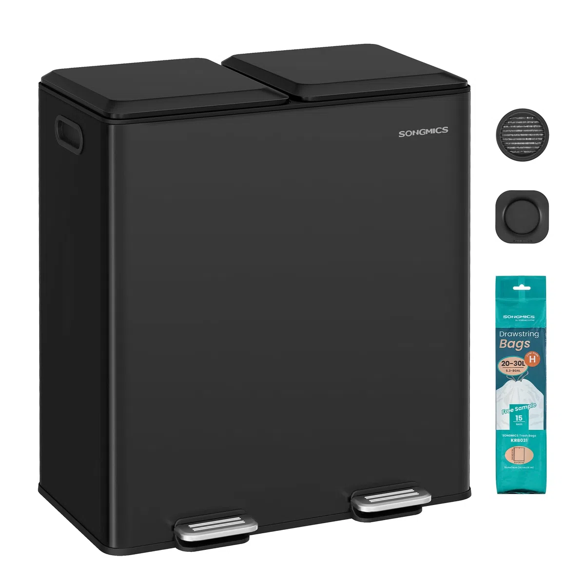 SONGMICS Mülleimer Küche, 2 x 30 L, 2 Fächer, Mülltrennsystem, Softclose, herausnehmbare Inneneimer, Pedalen, Stahl, tintenschwarz LTB743B02