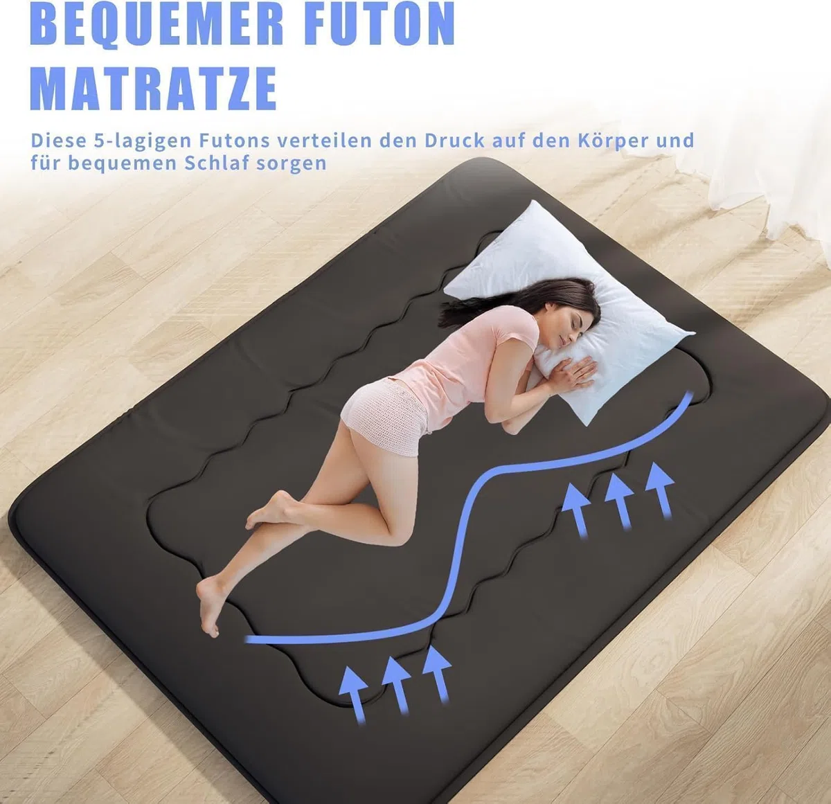 Kiseely Japanische Futon-Matratze, Faltbare Tatami-Matte, tragbare Schlafunterlage mit Tasche und Gurt, Bodenmatratze, verdickte Schlafmatratze, Camping-Matratze (Schwarz YU1, 90X200cm)