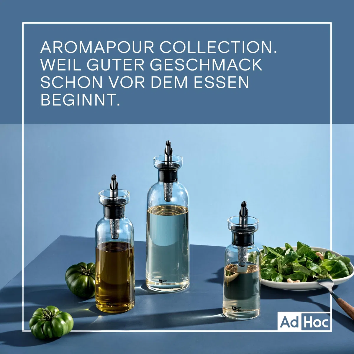 AdHoc BZ82 Set Ölspender oder Essigspender AromaPour aus Glas | elegante Olivenölflasche mit Ausgießer aus Edelstahl | ideal auch für Kürbiskern-Öl oder Essig | luftdicht, 500 ml