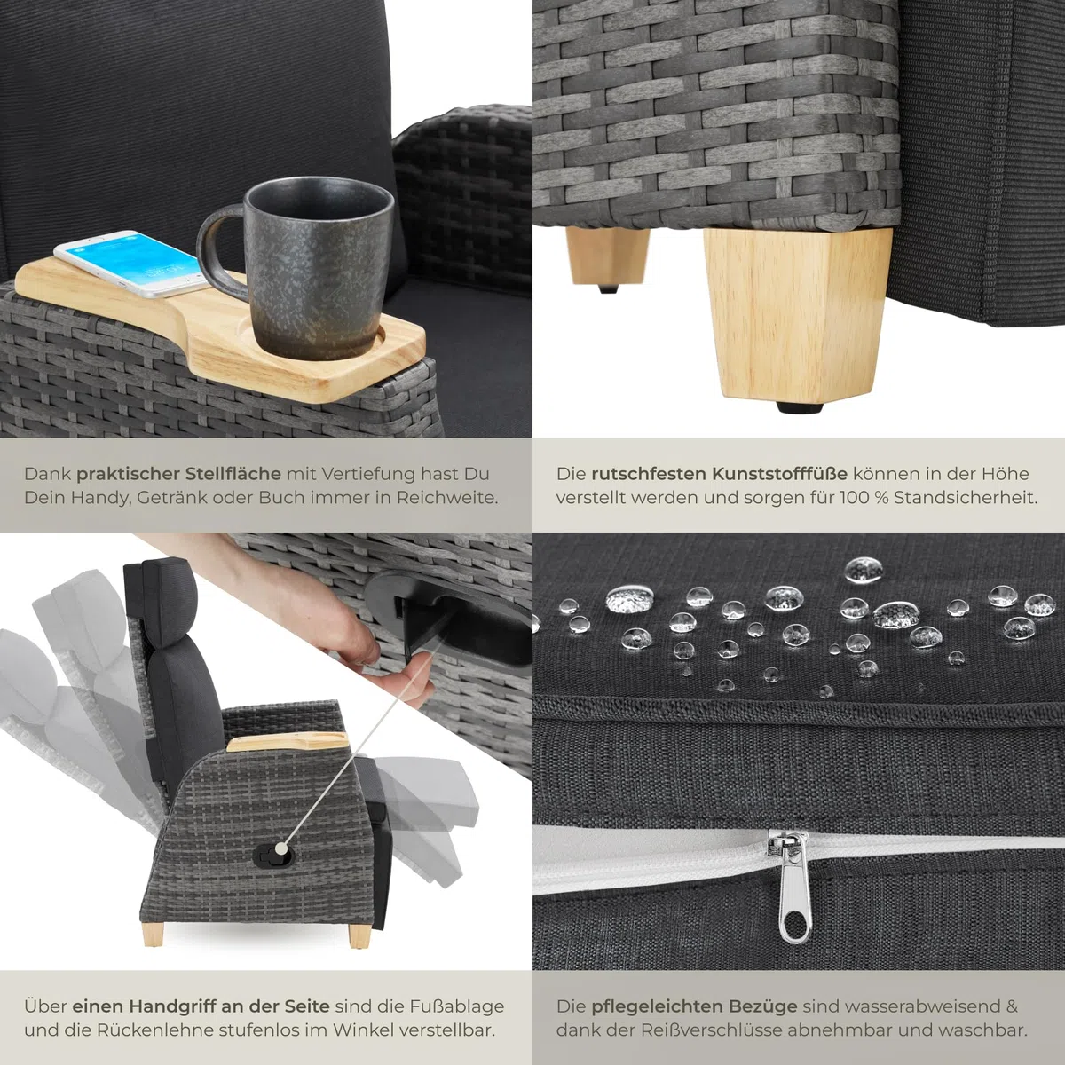 Tectake Rattan Outdoor Sessel Hochlehner mit Fußstütze verstellbare Lehne Relaxsessel Liegefunktion 2er Set