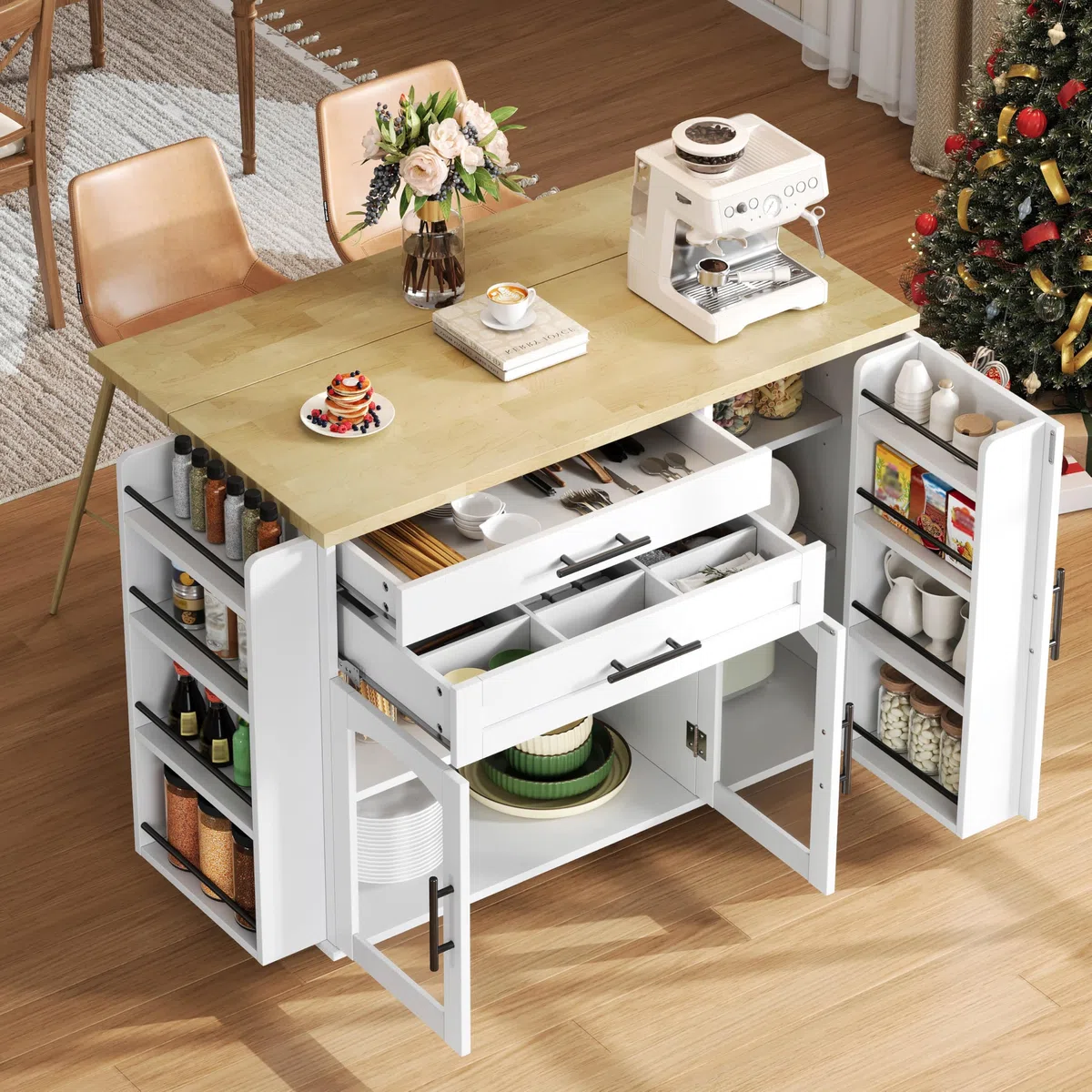 Mobiler Kücheninsel mit klappbarem Arbeitsbereich 120x45x90 cm 5 Räder