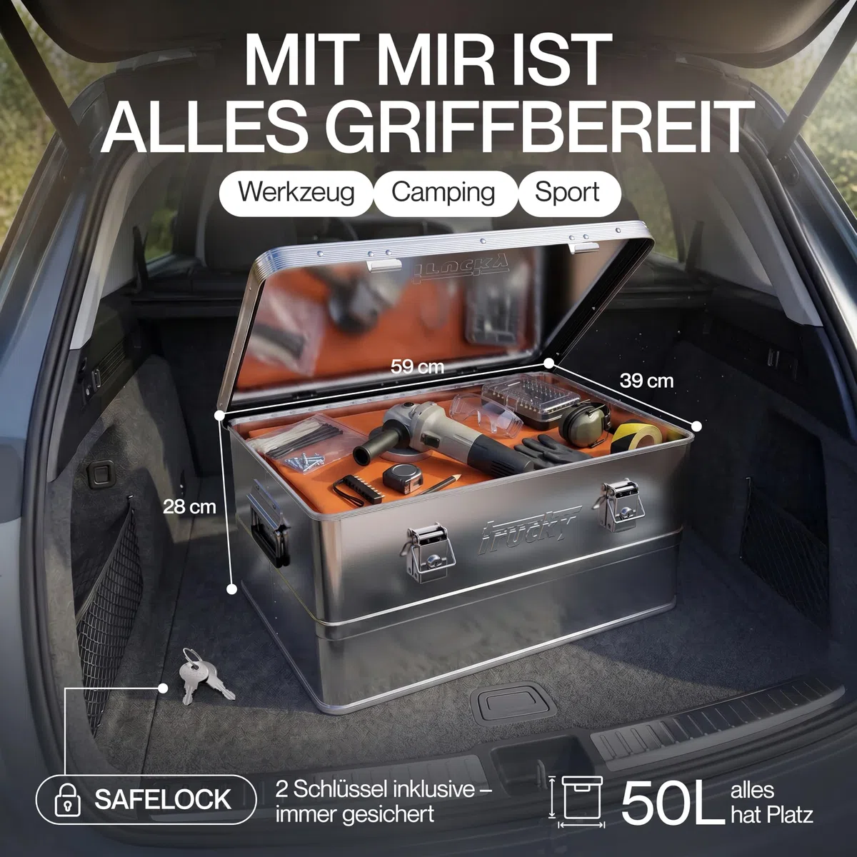Trucky Aluminium Box mit Deckel Silber Alukiste 50L Alu Kiste Abschliessbar | Transportbox, Metallbox, Aufbewahrungsbox, Metallkiste