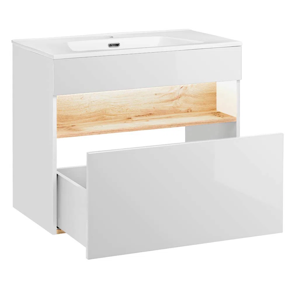 Lomadox Badmöbel Komplett Set, 80cm Unterschrank mit Keramik Waschbecken, Hochglanz weiß mit Wotaneiche, 2 Hochschränke und LED-Spiegelschrank