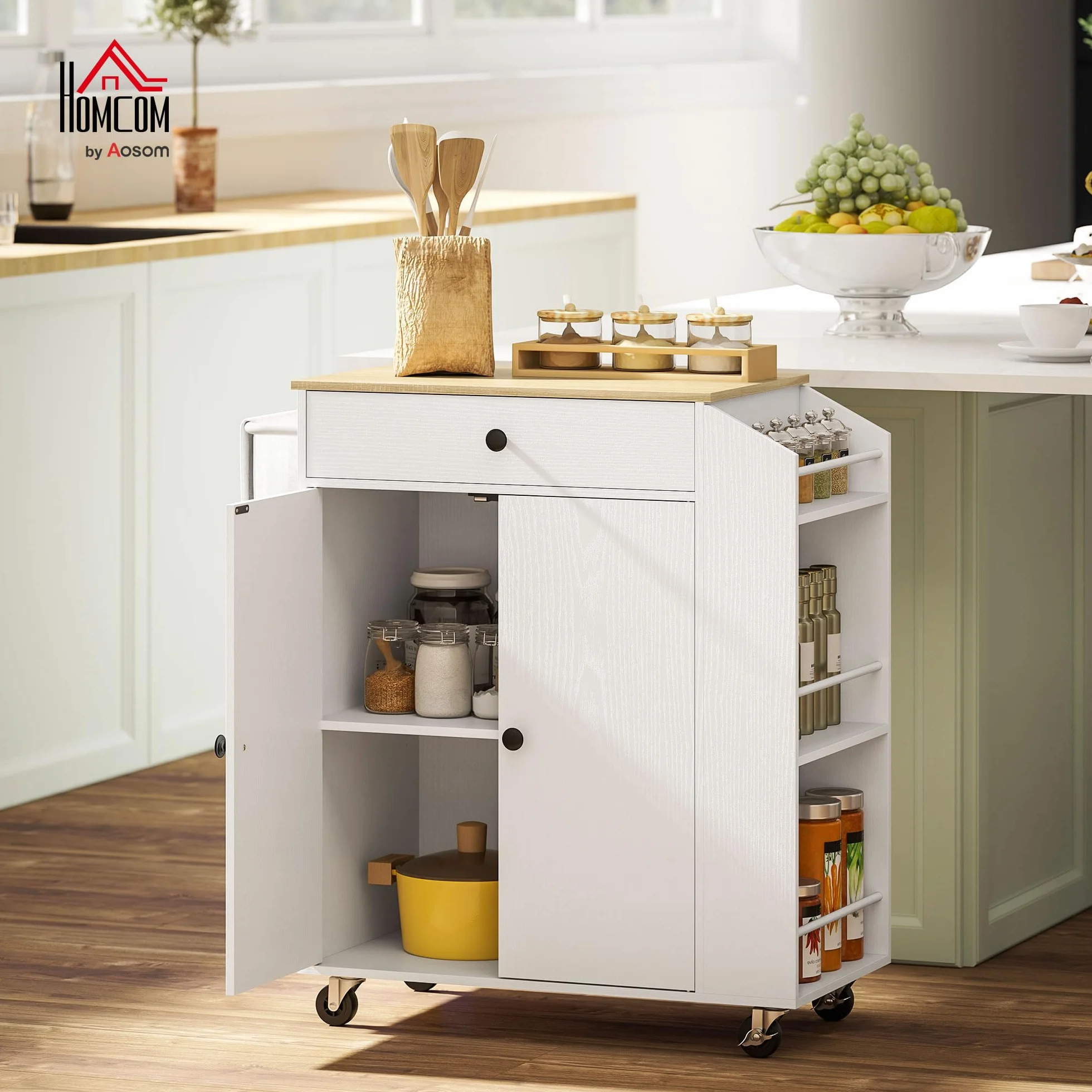 HOMCOM Kücheninsel Küchenwagen auf Rollen mit Arbeitsplatte, Küchenschrank mit Schublade, Gewürzregal, Ablage, Handtuchhalter, Servierwagen Rollwagen für Küche und Esszimmer 82 x 38 x 86,5 cm Weiß
