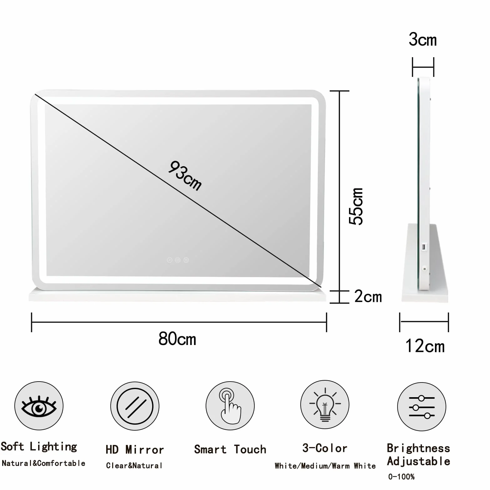 Hollywood Schminkspiegel mit Beleuchtung, Hollywood Spiegel mit 3 Farbtemperaturen, Groß Schminkspiegel mit Touchscreen-Steuerung und USB Für Makeup 80 X 57cm