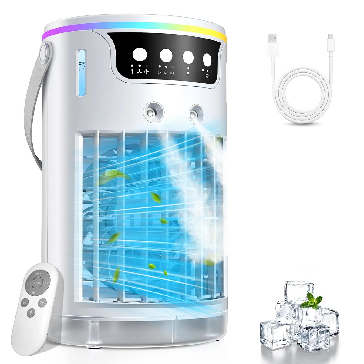 Mobile Klimaanlage, USB 4 In1 Mobile Klimagerät mit 3 Stufe Eis-Kühlnebel, Für Büro Zimmer und Schreibtisch, 1200 ML Tragbare Mini Luftkühler mit 2-8H Timer, 3 Geschwindigkeiten, 7 Farben Nachtlicht