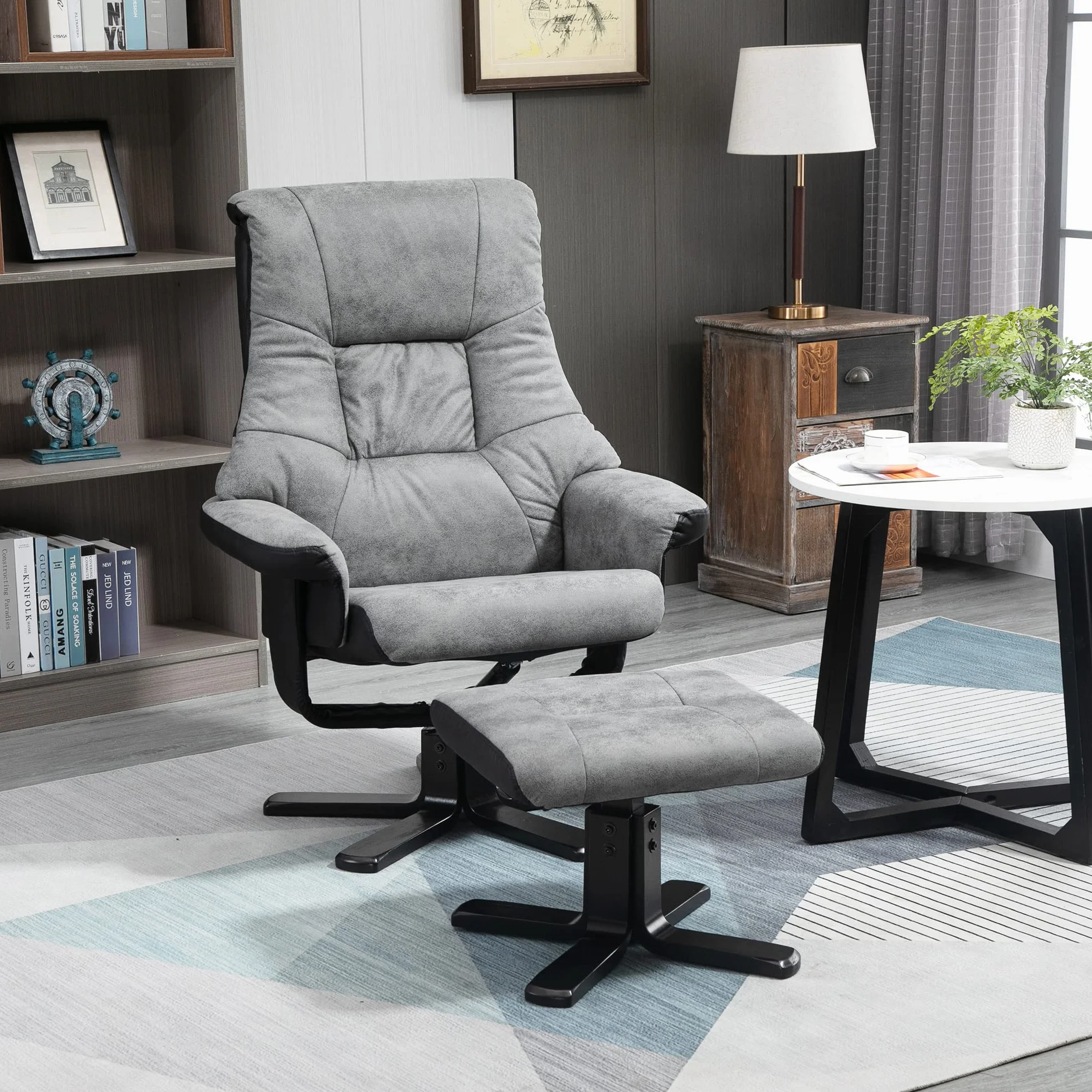 HOMCOM Relaxsessel mit Hocker, Drehbarer Fernsehsessel, TV Sessel mit Liegefunktion, Polstersessel, Mikrofaser Grau, 78 x 82,5 x 109 cm
