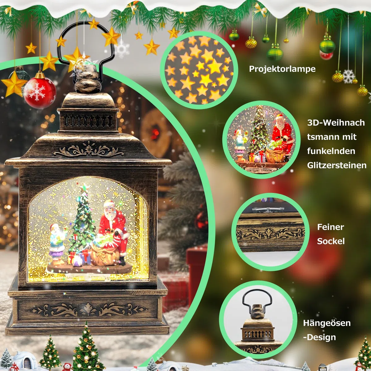Marsyu Weihnachts Schneekugel Laterne mit Zeitschaltuhr, Beleuchtete USB/batteriebetriebene Wirbelnde Singende Wasserlaterne, Schneekugel Laterne für Erwachsene Kinder, Weihnachtsdekoration/Geschenk