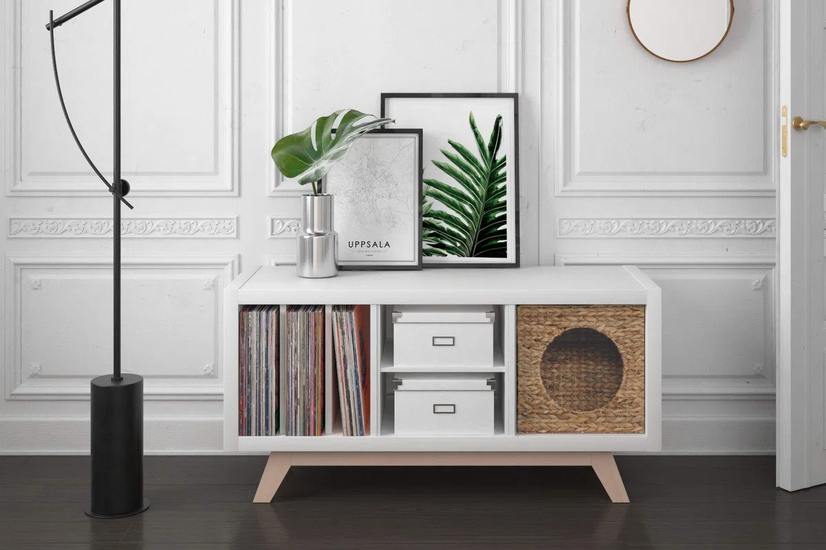 Kallax Regal Untergestell, Holzgestell aus echter massiver Buche, für Kallax-Breite: 3 Regalfächer, schräge Möbelfüße, Füsse f. Sideboard Lowboard skandinavisch