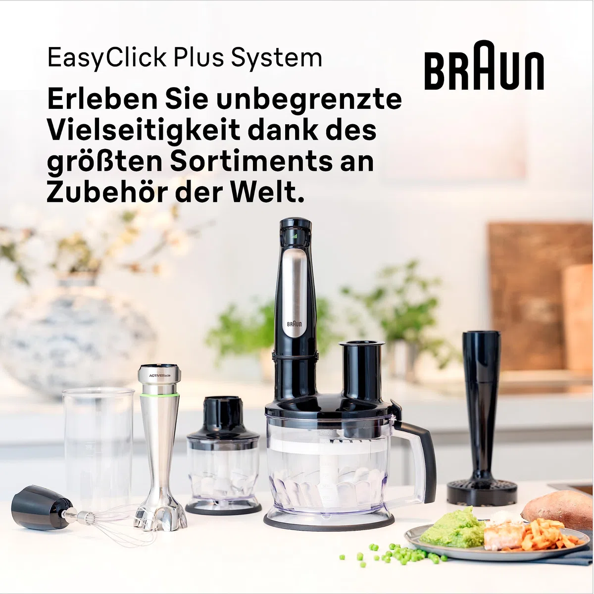 Braun MultiQuick 7 - Stabmixer mit SplashControl-Technologie, ActiveBlade System, Präzise Geschwindigkeitsregelung, 1,25L Standmixer, Zerkleinerer, Schneebesen, 600 ml Becher, 1000W, Schwarz (MQ7045X)