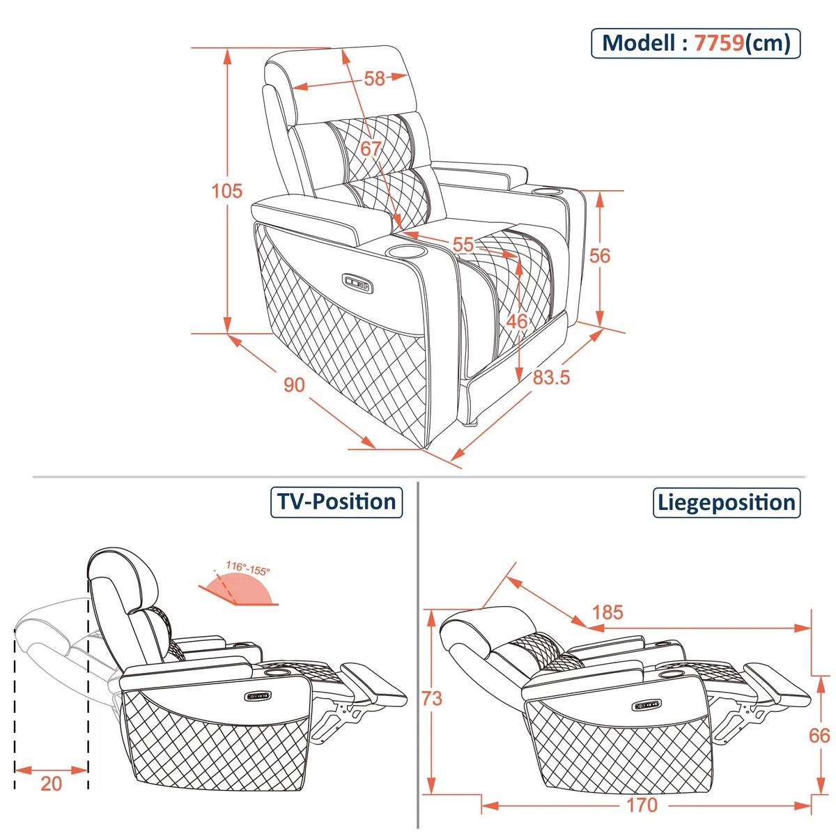MCombo Fernsehsessel Elektrisch Verstellbar, Zero-Gravity-Kinosessel mit Armlehnenstauraum & LED, Verstellbare Kopfstütze, 35D Vollschaum-Sitzkissen (Schwarz)