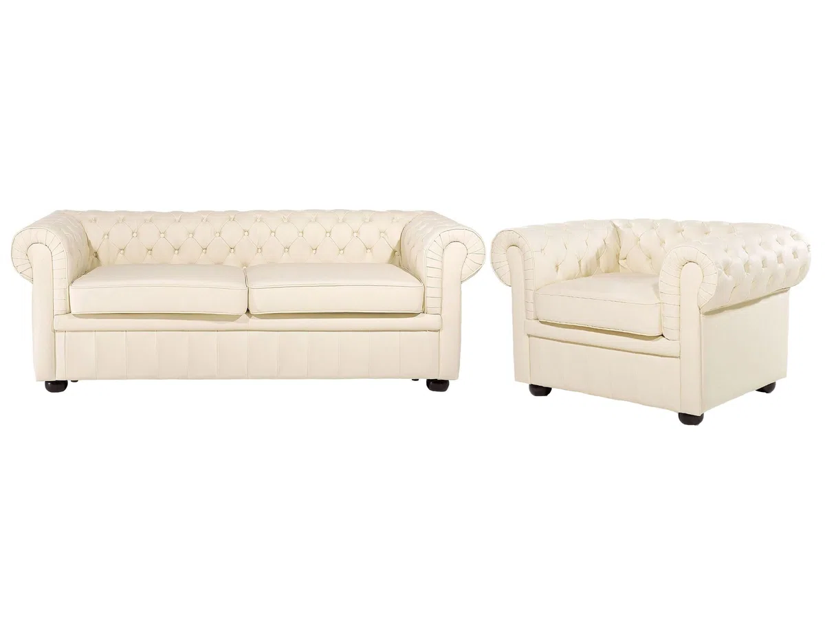 Beliani Klassisches Sofa mit Sessel Echtleder Hellbeige Chesterfield