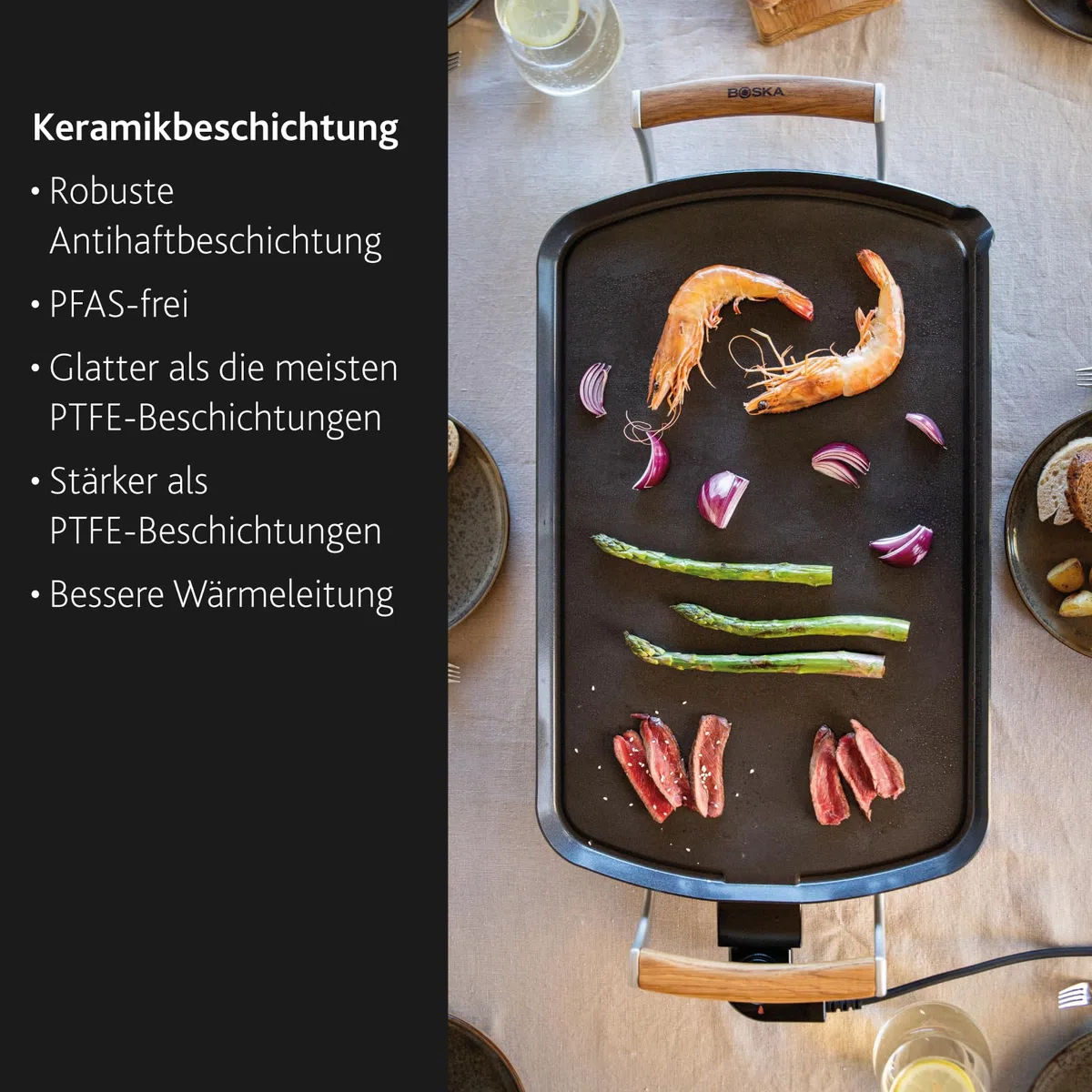 Boska Elektrische Grillplatte Pro – Tischgrills - Teppanyaki-Platte 35x56 cm – PFAS-freie Keramikbeschichtung – Temperaturregelung – Fettablauf – Griffe aus Eichenholz – Schwarz