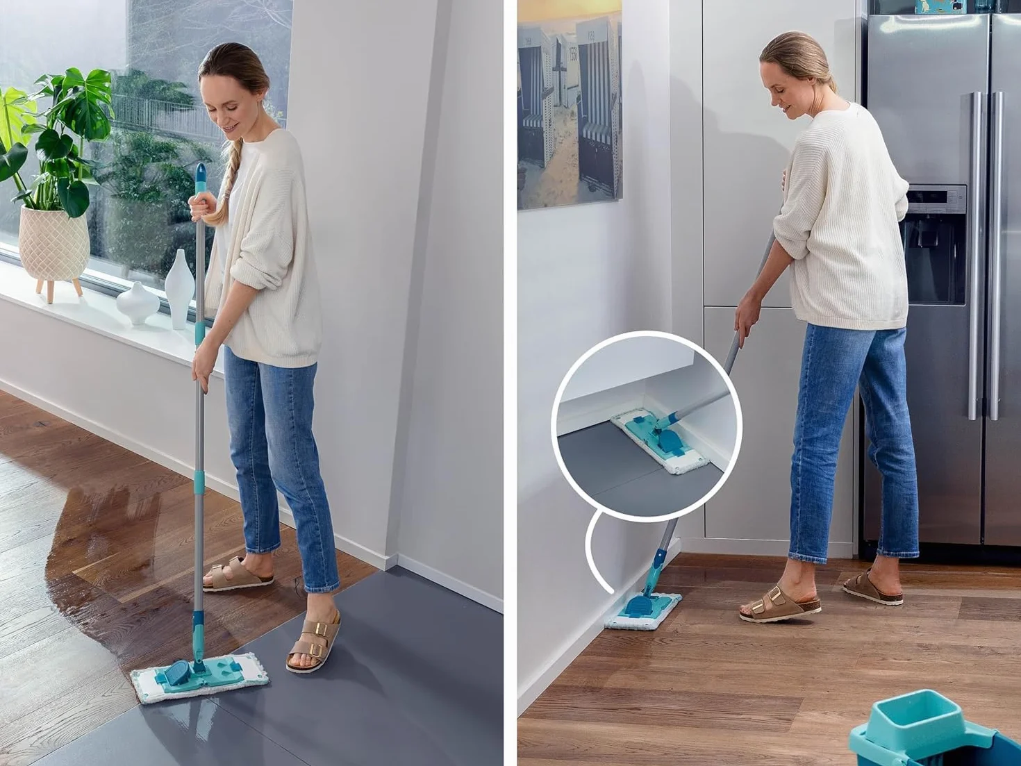 Leifheit Set Power CLEAN, Wischer,rückenschonender Bodenwischer mit Reinigungsklingen, Wischtuchpresse, Wischmopp Set mit Eimer und 2X Mikrofaser Wischbezüge für alle Hartböden, Click-System