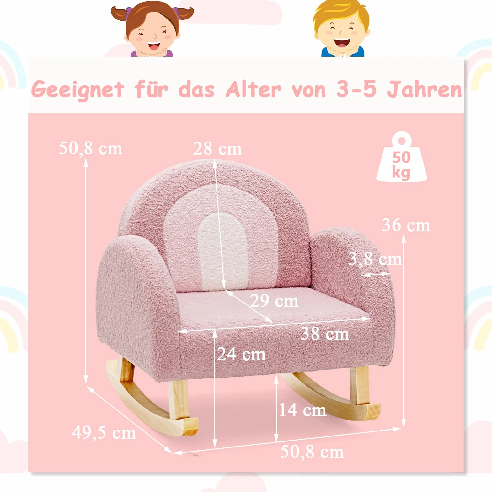 COSTWAY Kindersessel für Kleinkinder, gepolsterter Kindersofa Schaukelstuhl mit Massivholzbeinen, Schaukelsessel Kinderstuhl für Kinderzimmer, Spielzimmer & Kindergarten (Schaukelstuhl, Rosa)