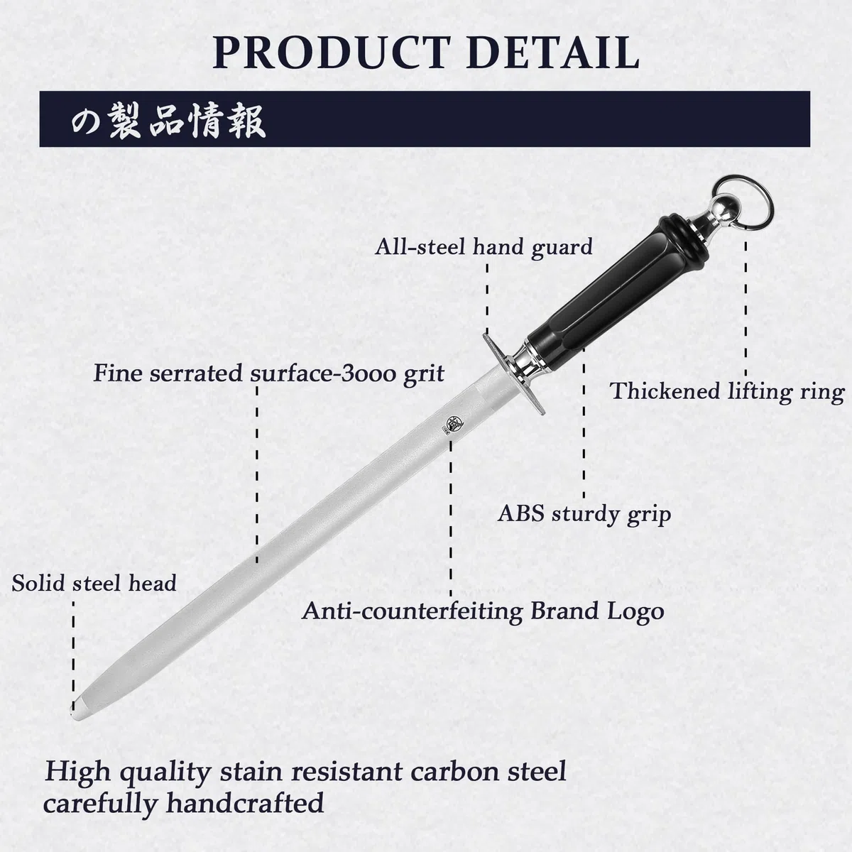 MITSUMOTO SAKARI 40 cm Edelstahl Wetzstab, Japanischer Messerschärfer mit Hohem Kohlenstoffgehalt Wetzstahl, Küchenstahl Wetzstein Profi (ABS-Griff und leistungsstarker Magnet)