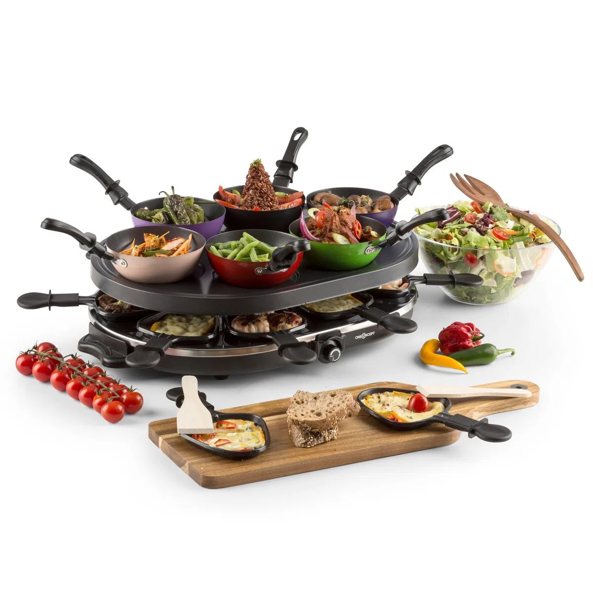 oneConcept Woklette - Raclette Grill, Tischgrill, Partygrill, Leistung: 1200 Watt, stufenlos regulierbare Temperatur, inkl. 8 Pfännchen und Holzspatel, Antihaftbeschichtung, schwarz