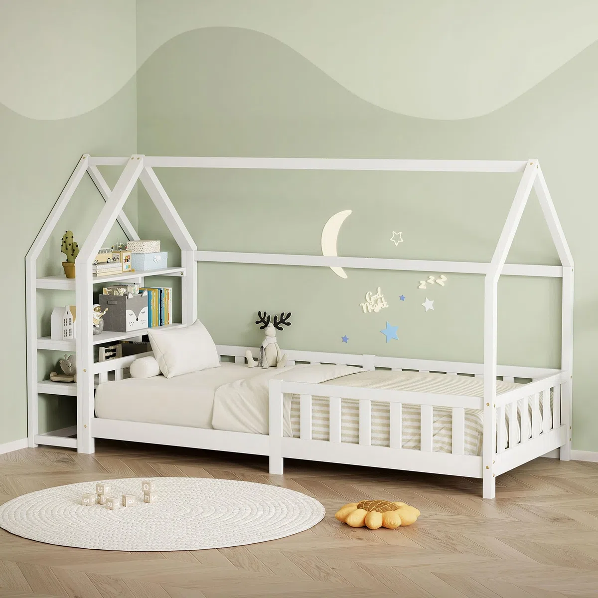 ML-Design Kinderbett Hausbett 90x200 cm mit Rausfallschutz, Regal, Dach & Lattenrost, Weiß, Kiefernholz, Montessori Bodenbett, Holzbett
