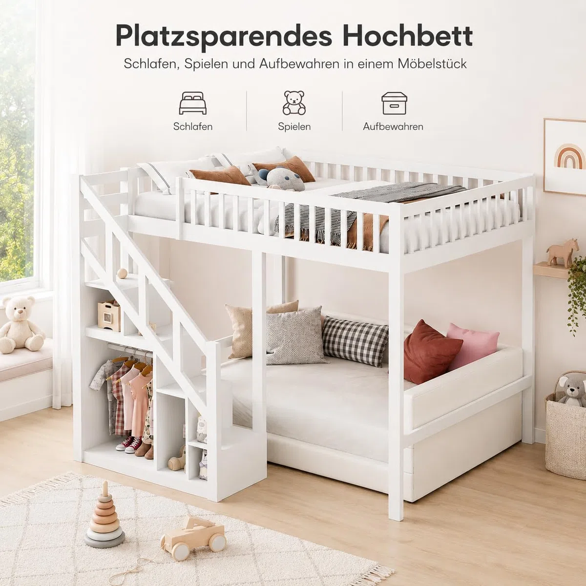 Etagenbett 90x200 cm für Kinder, Hochbett mit Treppe & Aufbewahrungsschrank, Massivholz, ohne Matratze