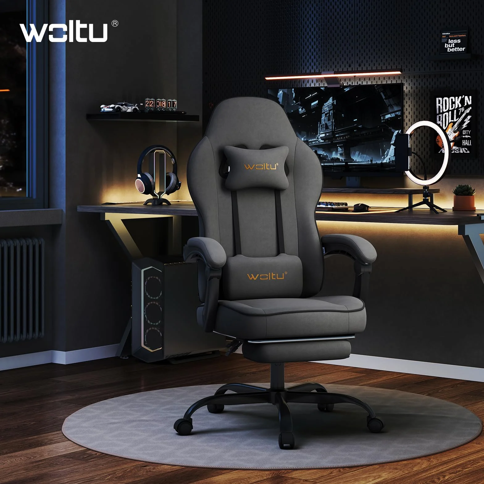 WOLTU Gaming Stuhl Stoff mit Bequemlichkeit Federunterlage, Kühl im Sommer, Gamer Chair Sessel Hohe Belastbarkeit ergonomischer mit Kopfkissen, Lendenkissen, Fußstütze, Tech-Stoff, Grau
