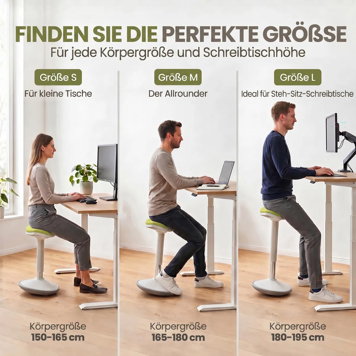 Ergonomischer Stehhocker höhenverstellbar in 3 Größen - Wackelhocker mit Schwingeffekt - Rutschfester Stehstuhl & Büro-Hocker für Schreibtisch & Homeoffice (Grün, S)