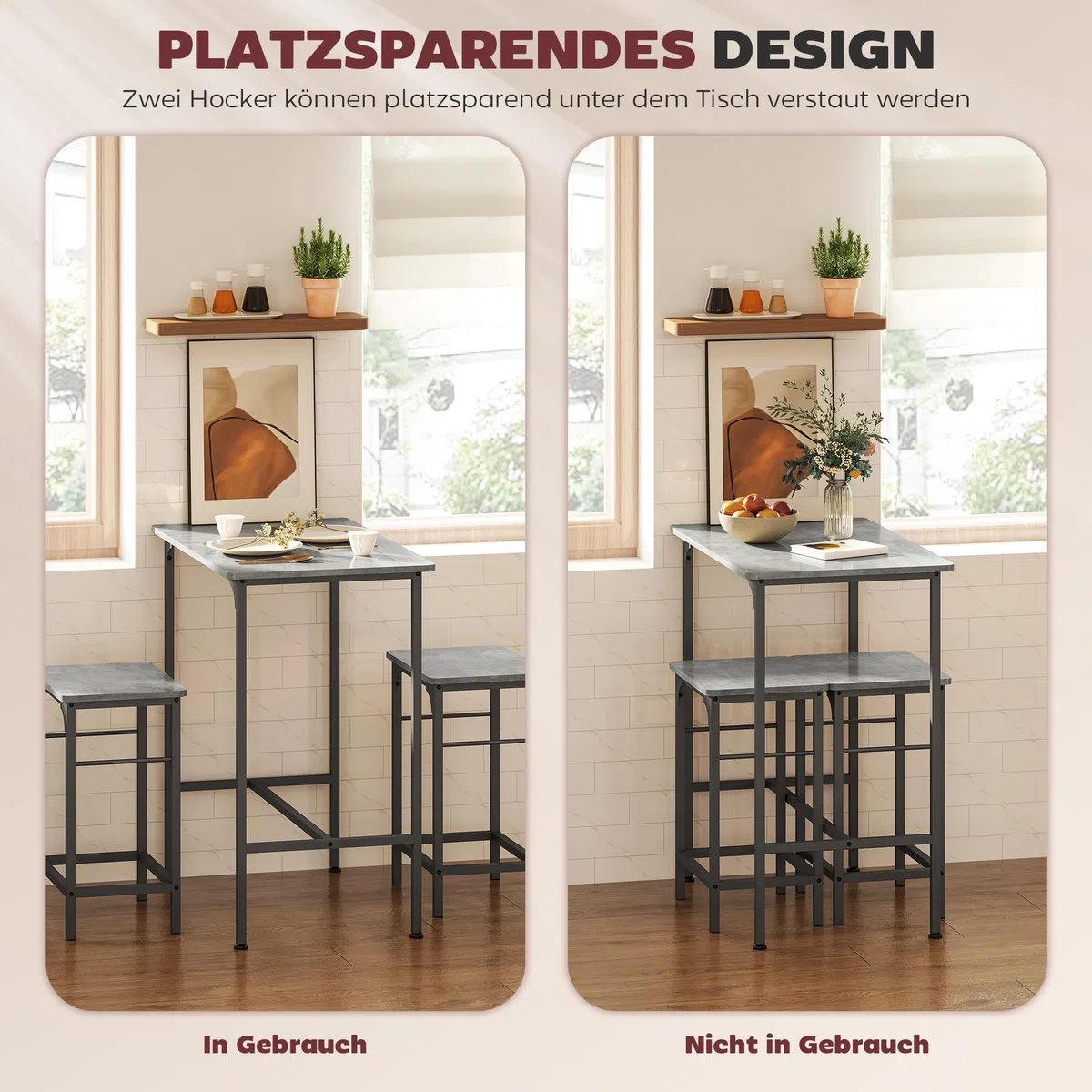 HOMCOM Bartisch Set Bartisch mit Barhocker-Set Esstisch mit 2 Stühlen mit Rutschfestem Fußpolster Küchentisch für Esszimmer, Küche, Grau