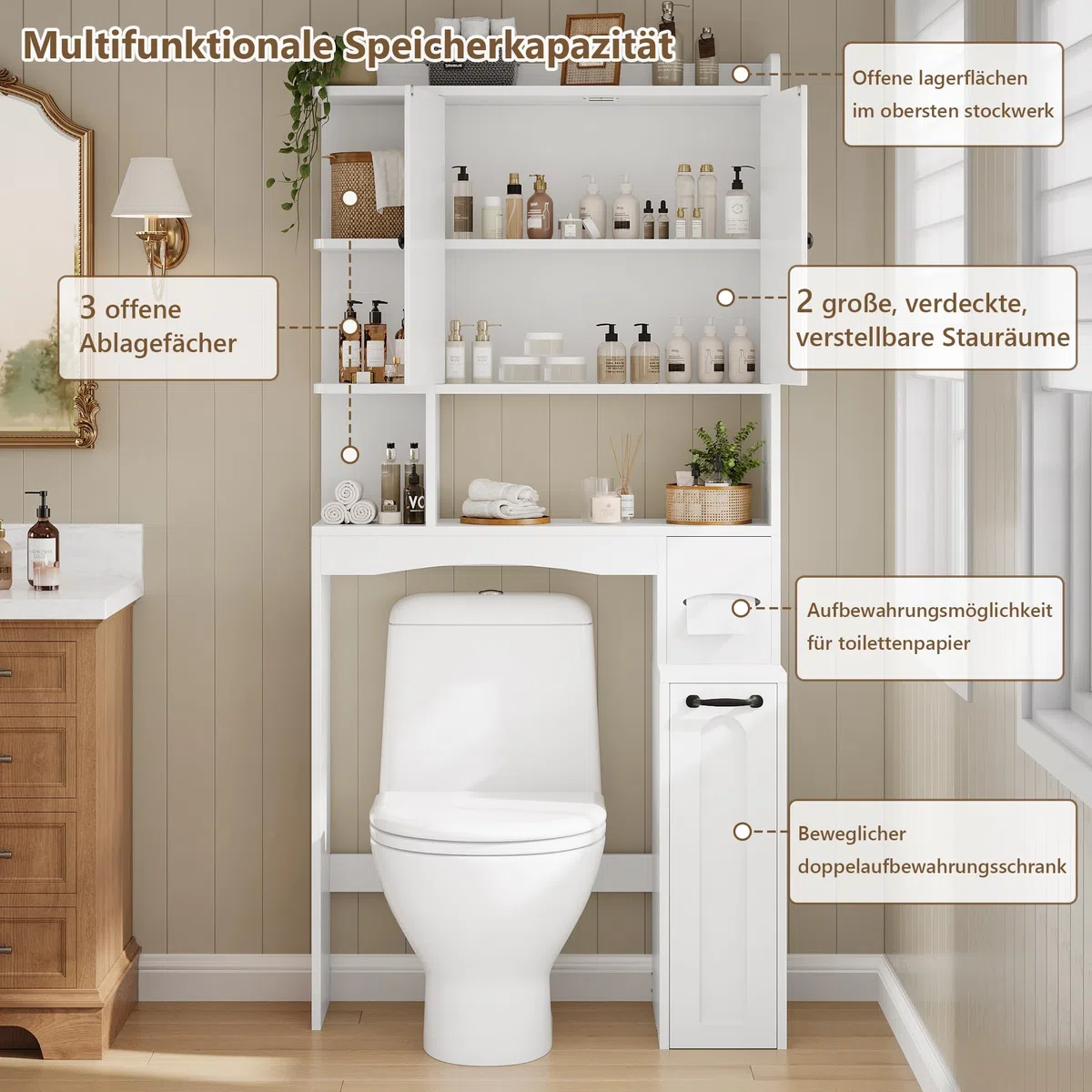 FEONASE Über-WC-Aufbewahrungseinheit mit Seilzug, kleinem Stauraum, Toilettenpapierhalter, Türen und verstellbaren Regalböden, platzsparende Lösung für Bad und Waschküche in Weiß