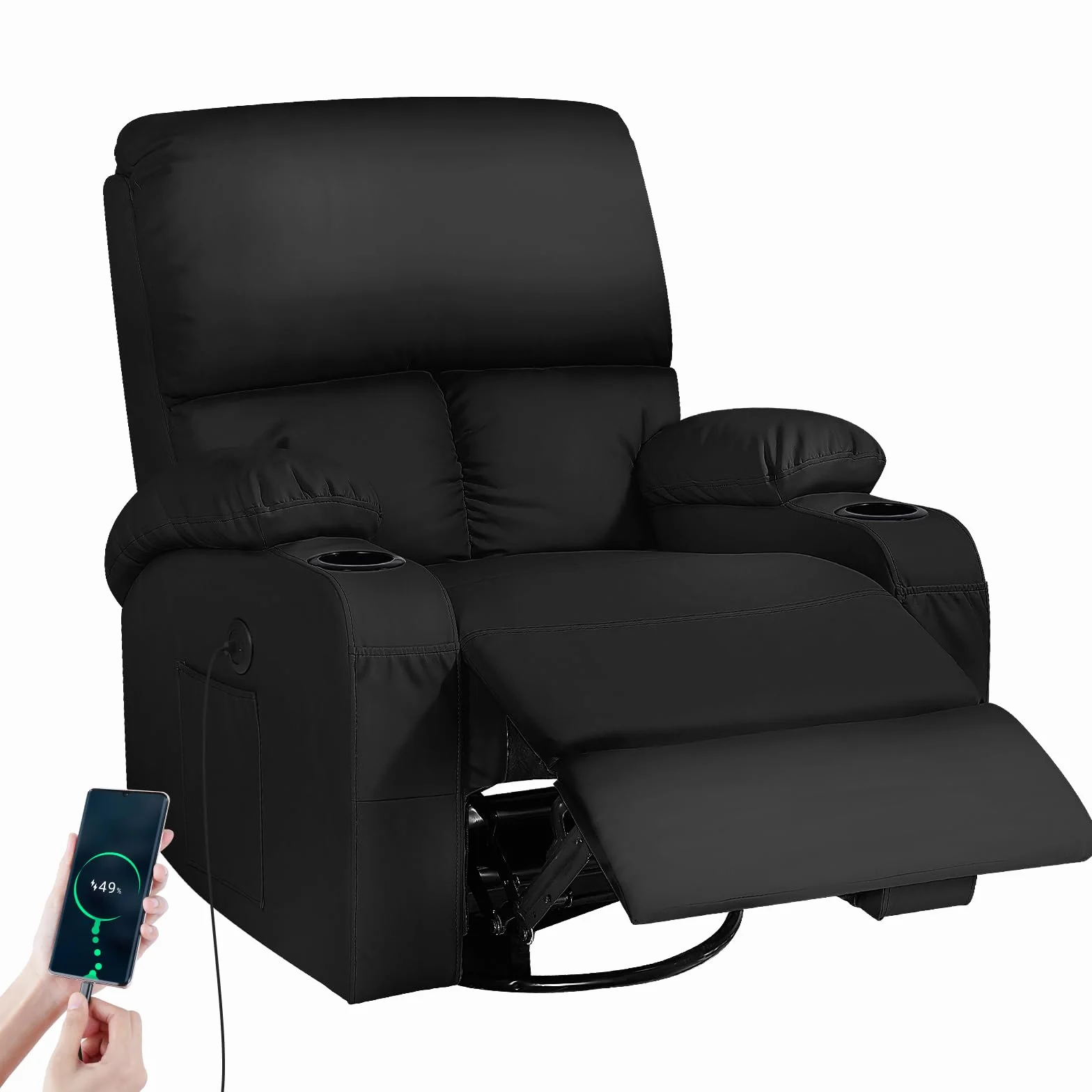 Schaukelstuhl mit Relaxfunktion, Massagesessel mit Vibration und Wärme, USB- und Type-C-Anschlüsse, 360° drehbar, Kunstleder, Schwarz