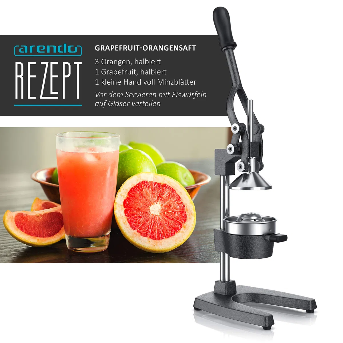 Arendo - Manuelle Saftpresse - Zitruspresse und Orangenpresse - Professioneller Zitrus-Entsafter - Edelstahl Zitronenpresse - Hochwertige manuelle Orangensaft- und Limettenpresse