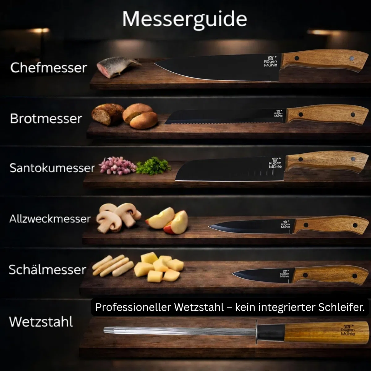 DER ORIGINAL - RÜGEN MÜHLE Premium Design Messerblock, 7-teilig, Akazien Echtholz, Edelstahl, Rostfrei, Messerset, Messerblock mit Messer, Knife Set, Küchenmesser Set, Messer Set, Messerset mit Block