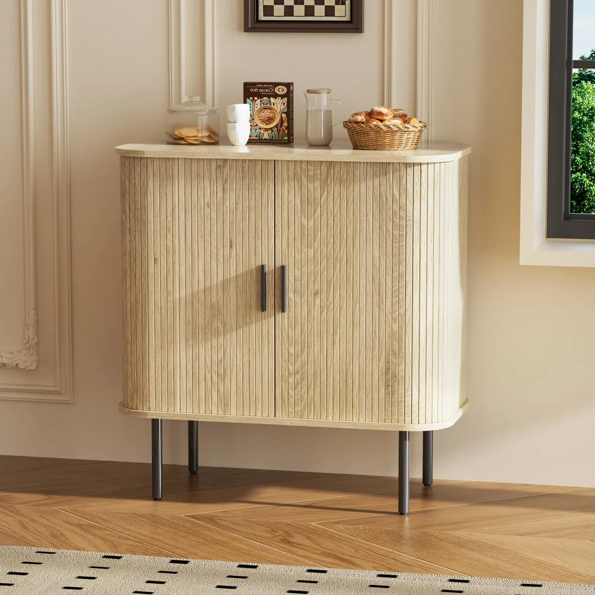 BonVache Aufbewahrungsschrank Buffet für das Wohnzimmer, Küchenschrank mit Tambour-Schiebetür, Aufbewahrungseinheit für modernes Esszimmer zu Hause, Natur