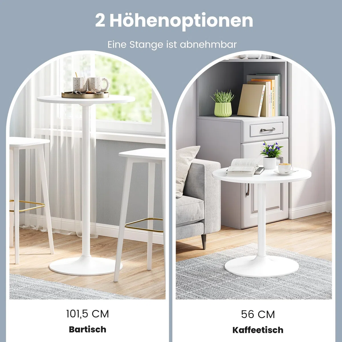 COSTWAY Stehtisch Ø 60 cm, 2 in 1 Bartisch & Esstisch höhenverstellbar 56/101,5 cm, Bistrotisch rund, Bartisch, Partytisch für Balkon, Club, Pub, Zuhause (Weiß,1)