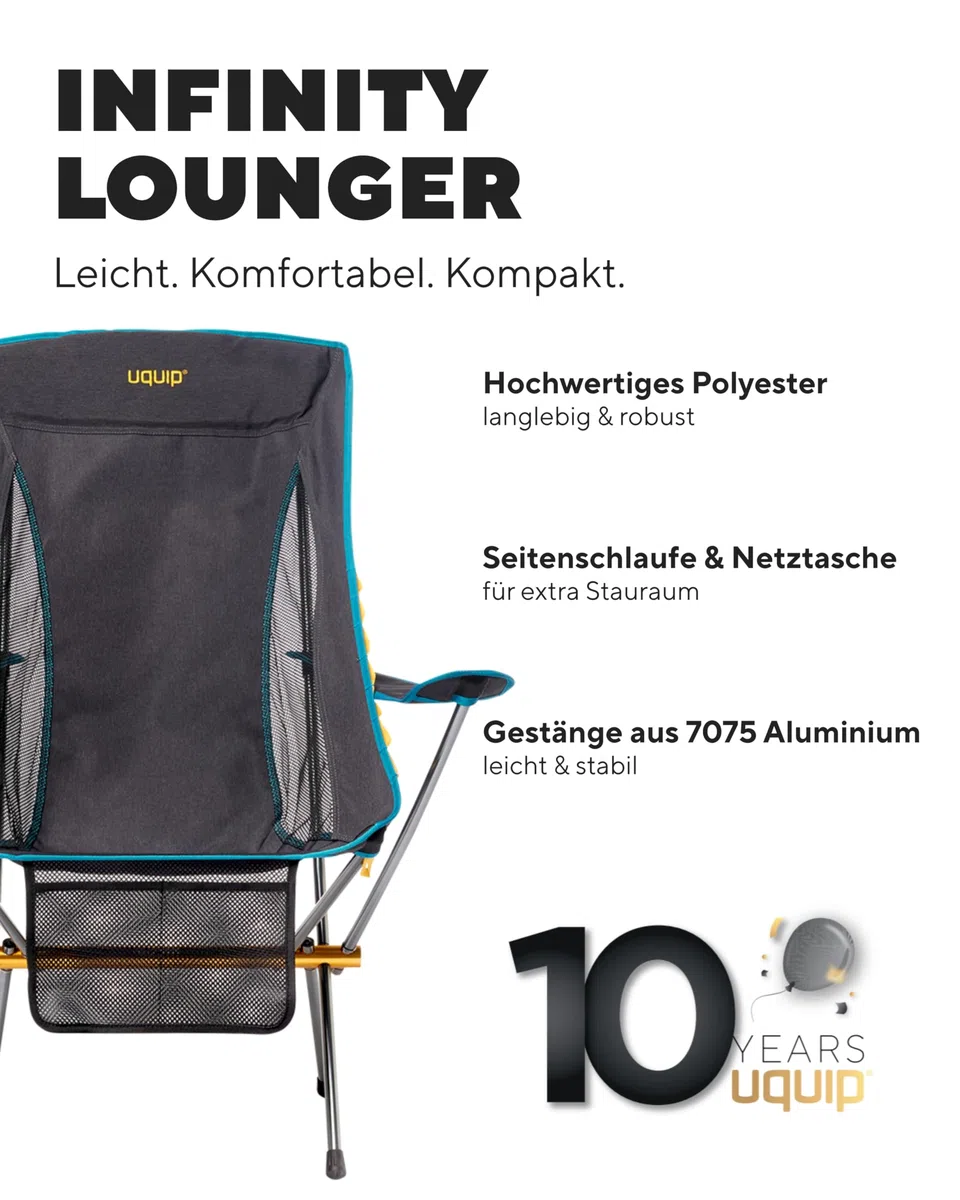Uquip Campingstuhl Infinity Lounger I Leichter Faltbarer Klappstuhl mit 120 kg Traglast I kompakter Faltstuhl aus Aluminium I tragbarer Outdoor-Stuhl für Camping, Wandern, Radtouren & Festivals