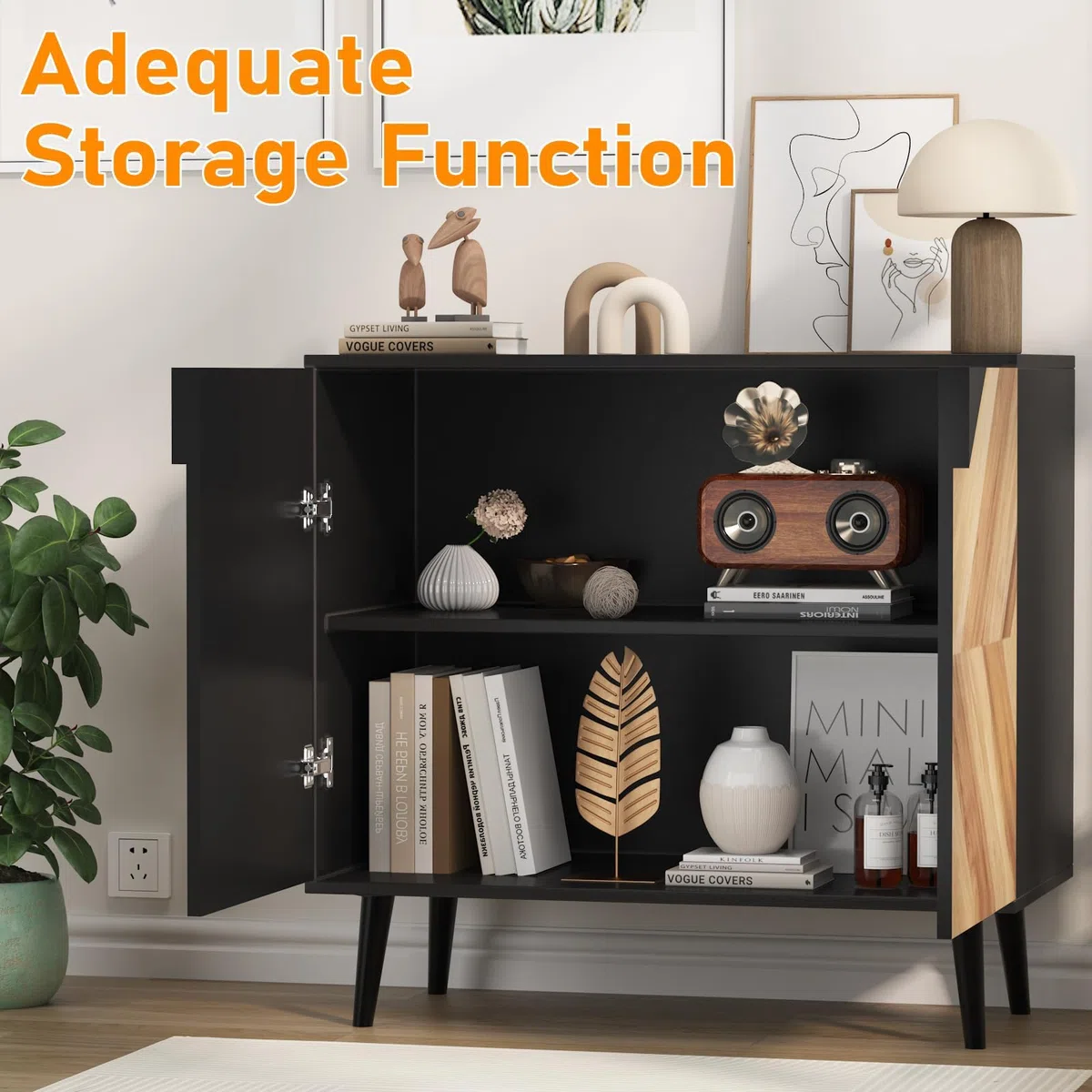 Sideboard Buffet Kommode Mit Türen & Regal – Aufbewahrungsschrank Für Esszimmer, Wohnzimmer, Flur – 80x40x74.4cm, Schwarz Holz