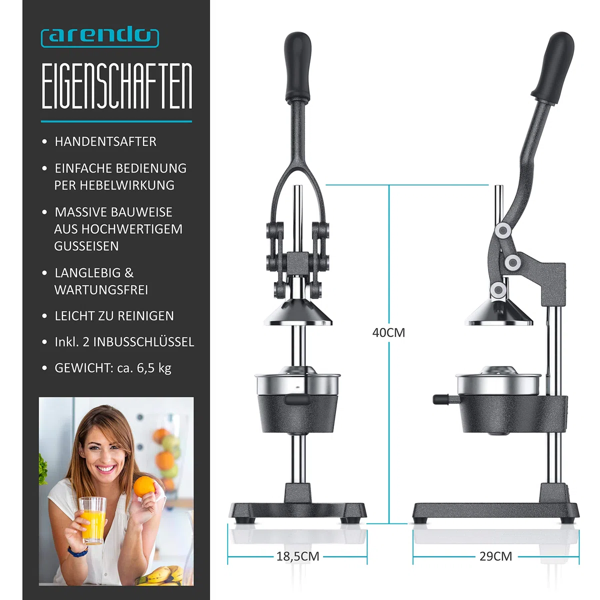 Arendo - Manuelle Saftpresse - Zitruspresse und Orangenpresse - Professioneller Zitrus-Entsafter - Edelstahl Zitronenpresse - Hochwertige manuelle Orangensaft- und Limettenpresse